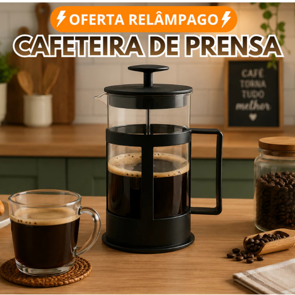 Cafeteira Prensa Francesa 300ML em Vidro e Inox  Filtro Removivel Coagem Rapida