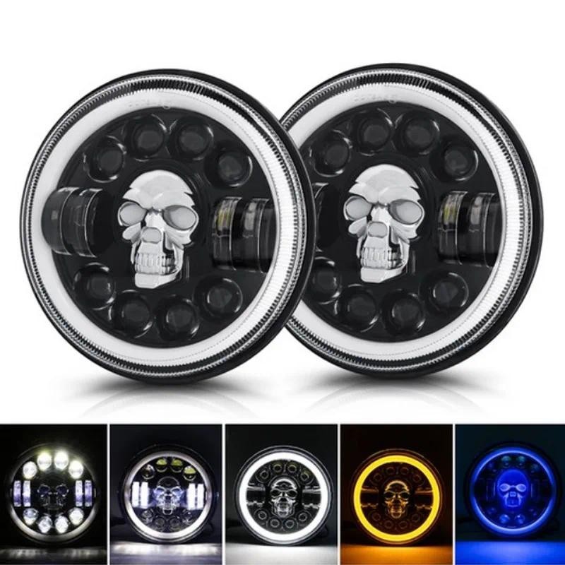 7 Polegada LED Farol Fantasma Cabeça Harley Hi/Lo Feixe Luz Da Motocicleta Para Ford Jeep Wrangler Lada Niva DRL Luzes D