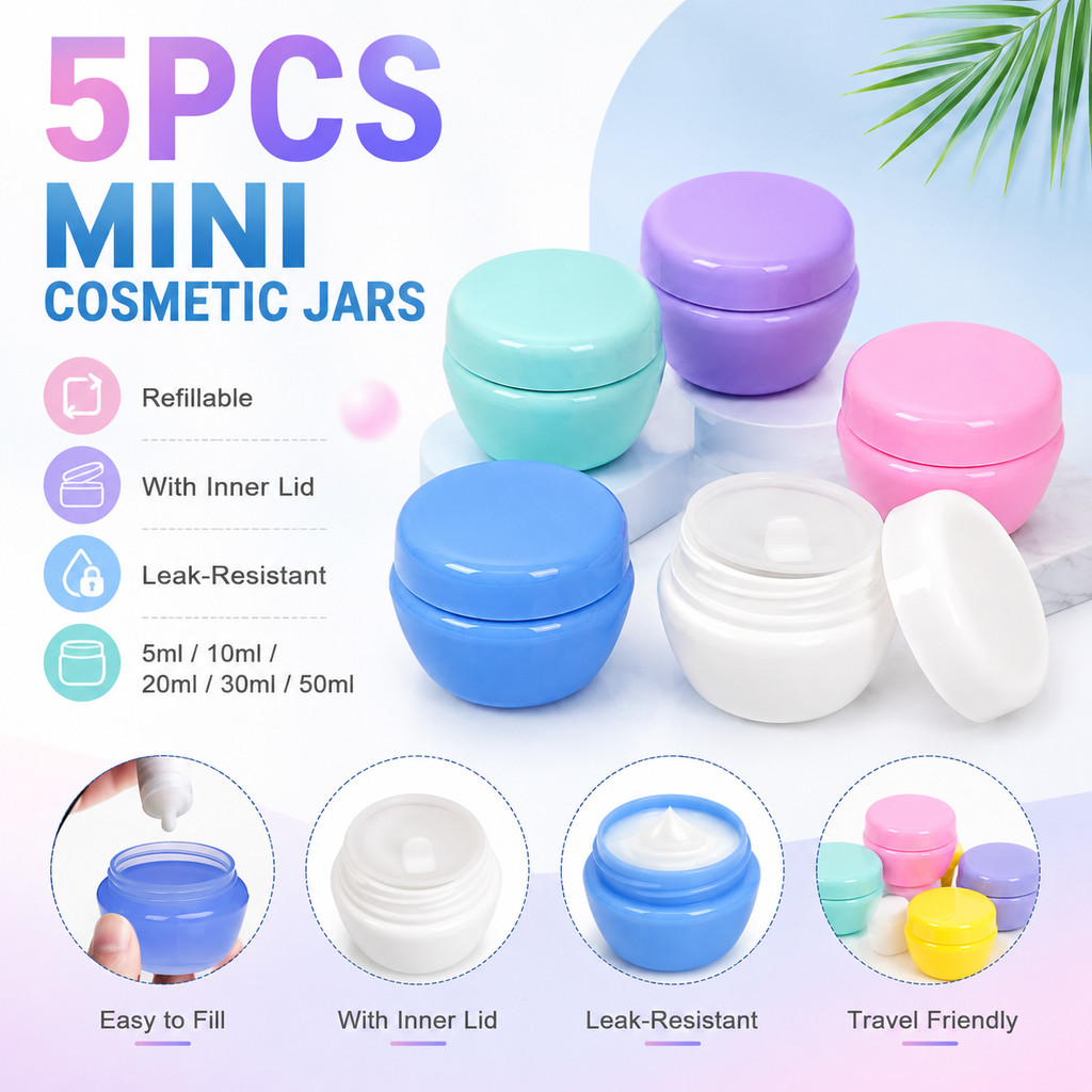 5Pcs Mini Empty Jar Pots  Cosmetic Container with Inner Lid for Face Cream Lip Balm Makeup Refillable Travel Storage