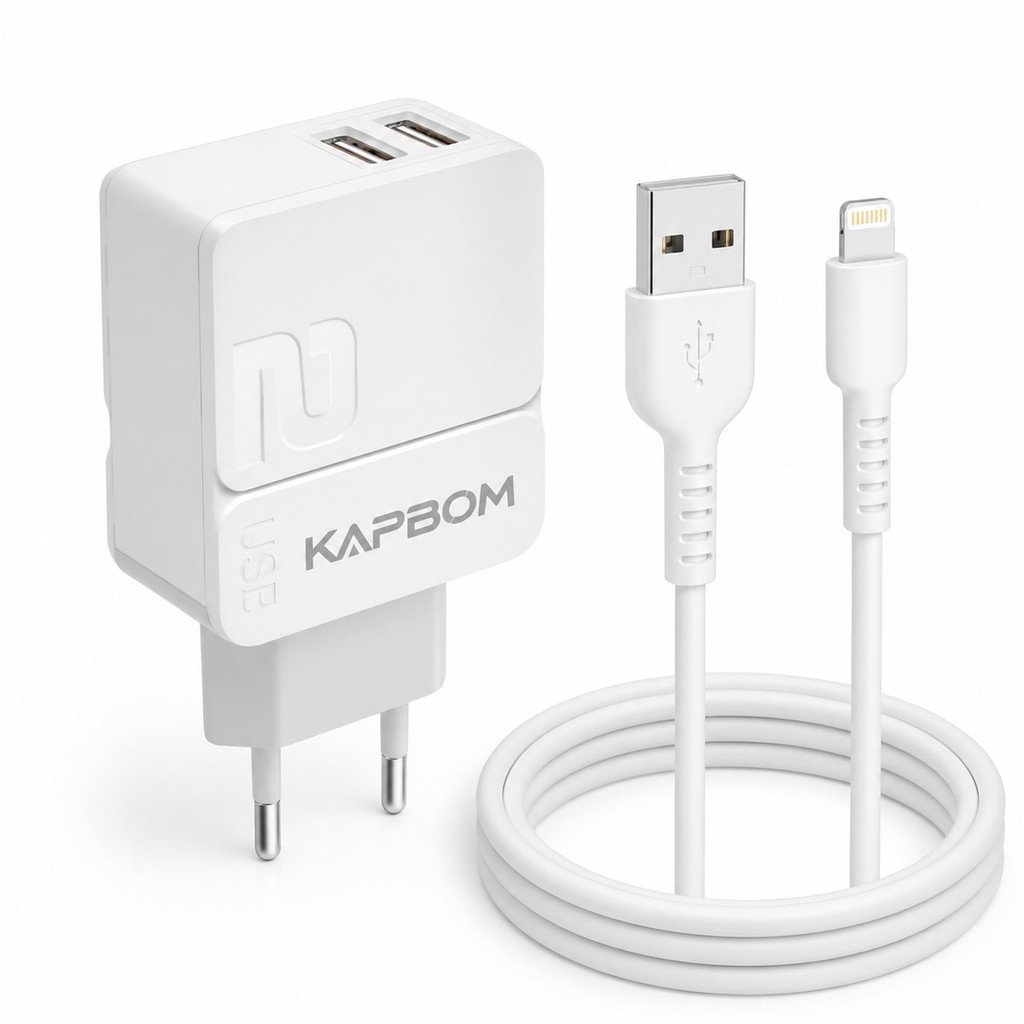 Carregador Turbo Kapbom 5.1A 2 Portas USB + Cabo Lightning 1m Bivolt iPhone 7 8 X Xr 11 12 13 14 Pro Max