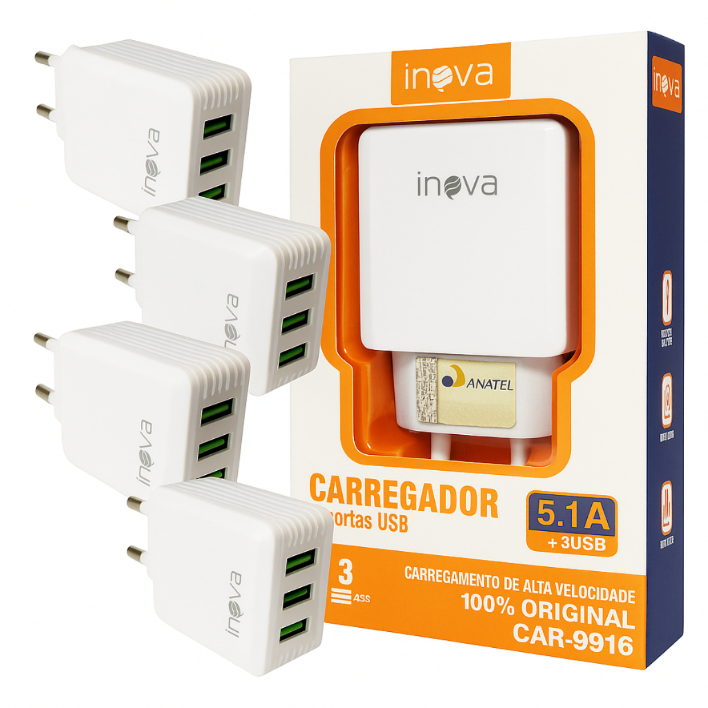 Kit 4 Fontes De Carregador de Celular Multi Porta 3 Entradas USB Fonter