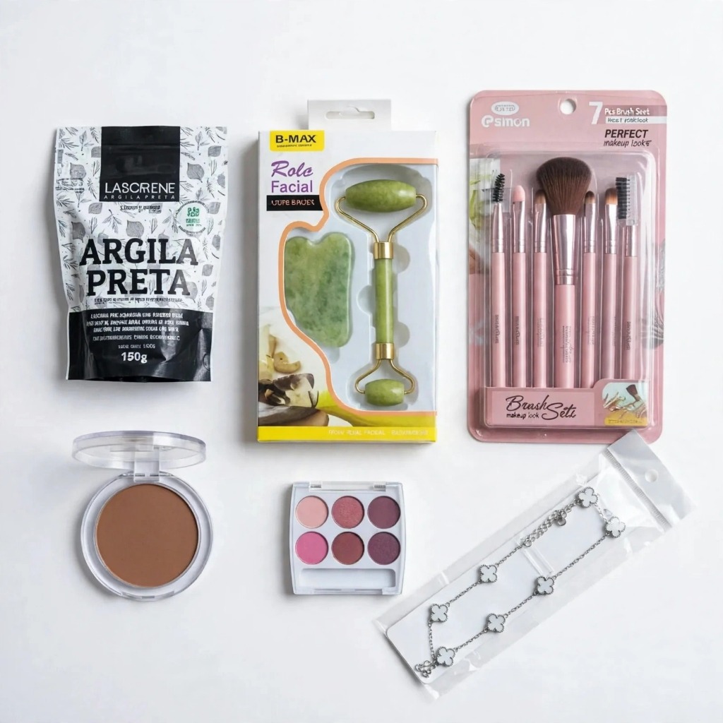 Kit Beleza Completo 6 em 1 Argila Preta + Rolo Jade Roller Gua Sha + Kit Pincéis 7 Peças + Paleta + Pó .