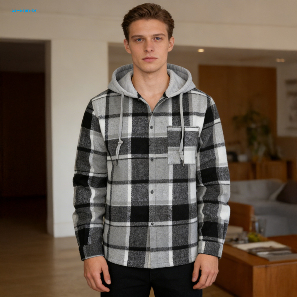 Hooded Coat Men Outerwear Men's Plaid Jacket Windproof Casual Long Sleeve for Spring Autumn Street Style Daily Wear