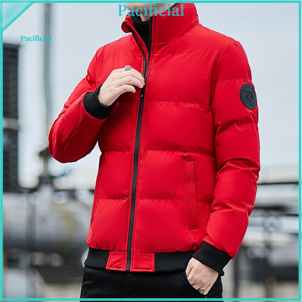 Casual Versatile Jacket Men's Windproof Down Stand Collar Long Sleeve Zipper Closure Elastic Hem Thickened Warm Coat wit