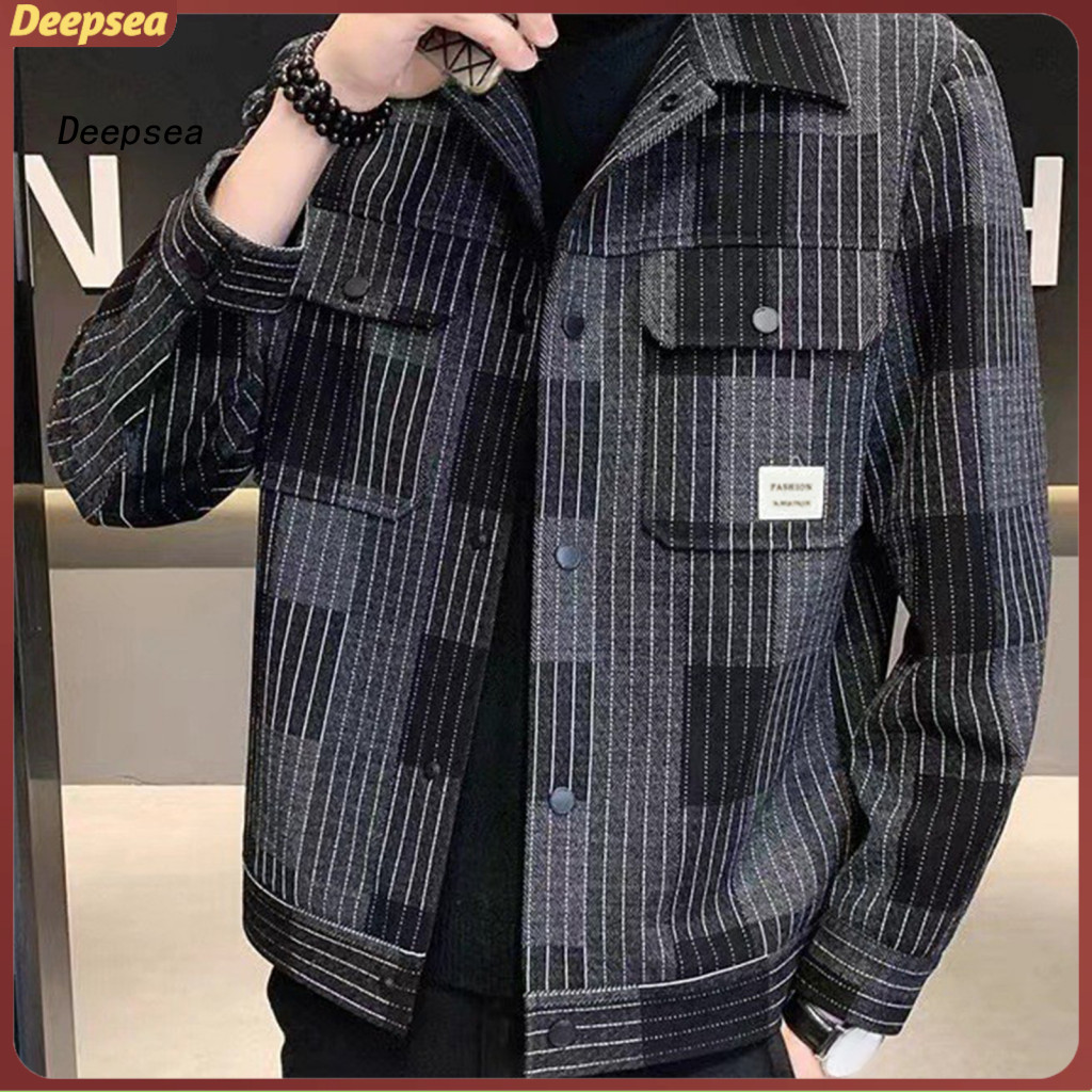 Men's Casual Windproof Jacket Lapel Collar Long Sleeve Plaid Striped Print Single Breasted with Flap Pockets Lightweight