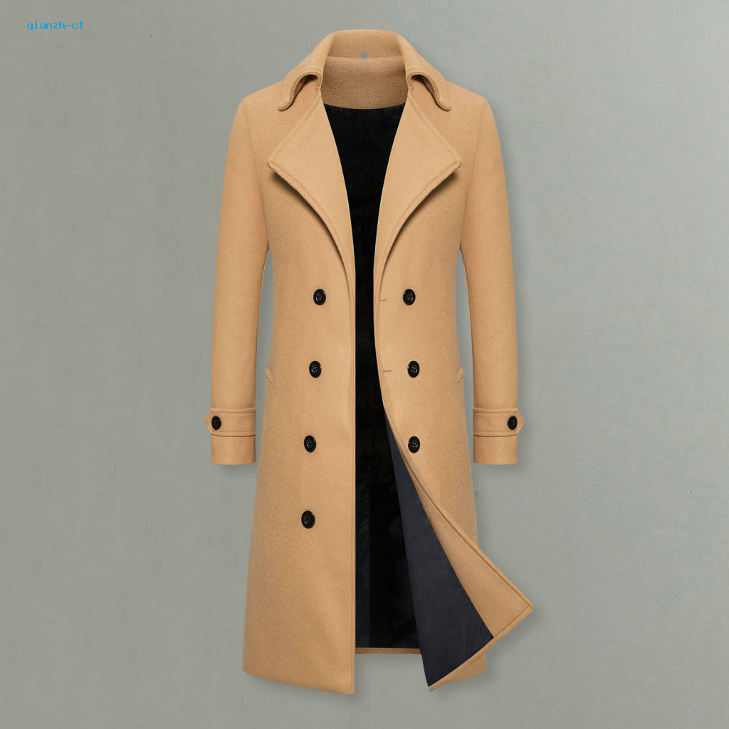 Casual Long Coat Winter Solid Color Men's Double-breasted Slim Fit Mid-length Overcoat Warm Thick Windproof Sleeve with