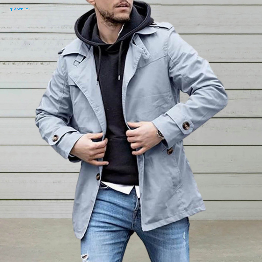 Regular Fit Coat Men's Mid-length Trench Casual Spring Jacket Solid Color Single-breasted Windproof Lapel Button Decor L