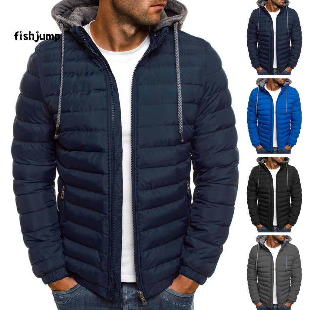 Hooded Cotton Coat Men's Jacket with Drawstring Zipper Closure Long Sleeve Casual Windproof Thickened Plush Lining Warm