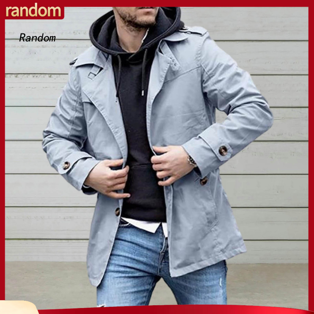 Long Sleeve Coat Men's Mid-length Trench Casual Spring Jacket Solid Color Single-breasted Windproof Lapel Button Decor L