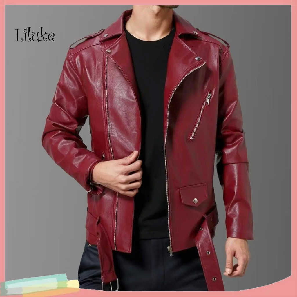 Casual Men Jacket Short Men's Slim Fit Faux Leather with Diagonal Zipper and Belt Windproof Solid Color Coat Stylish Mot