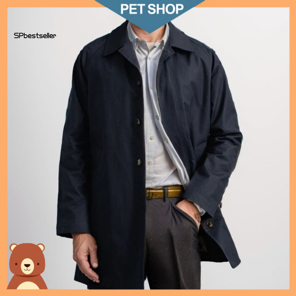 Men Windbreaker Jacket Casual Men's Trench Coat Long Sleeve Single Breasted Midi with Pockets Solid Color Windproof for