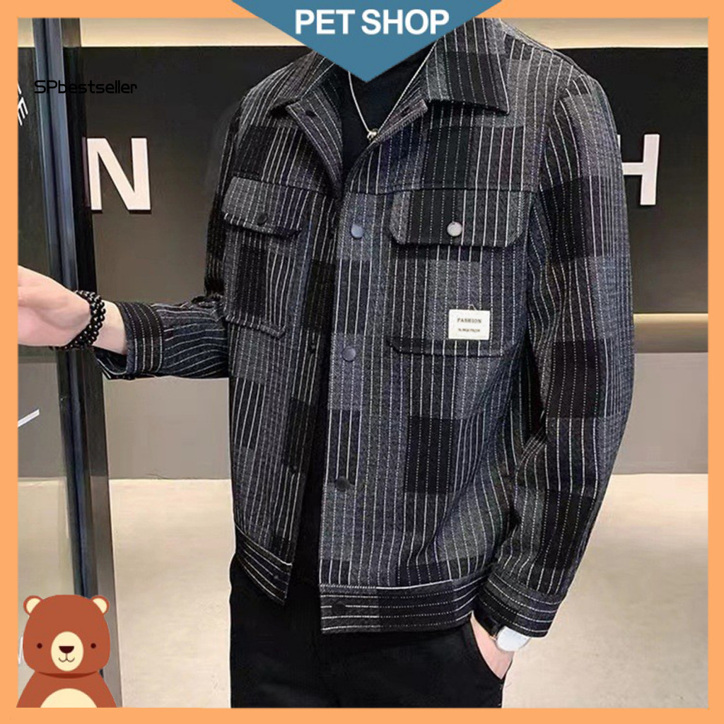 Men Lapel Jacket Flap Pockets Windproof Men's Casual Collar Long Sleeve Plaid Striped Print Single Breasted with for Eve