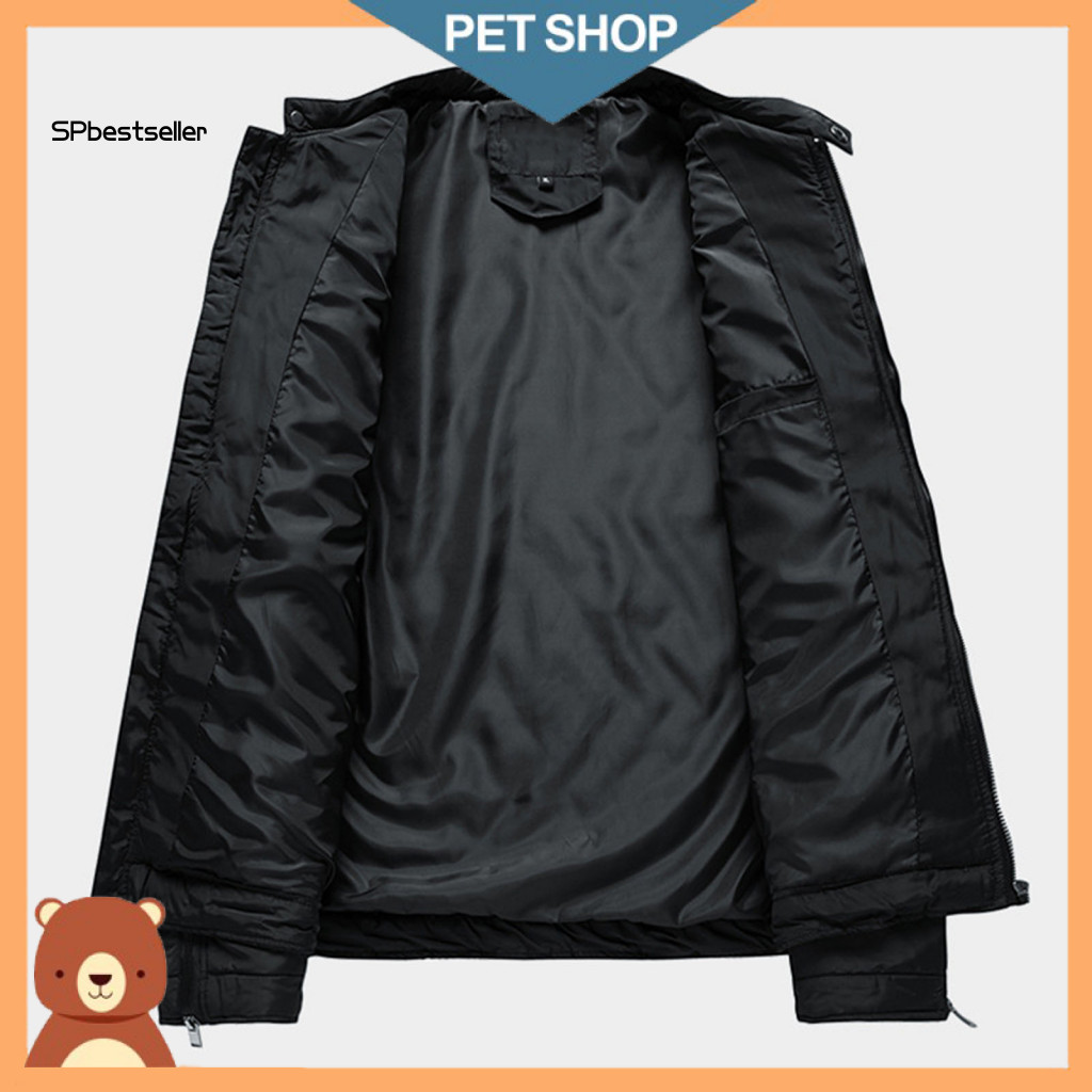 Zipper Opening Jacket Quilted Coat Men's Cotton with Stand Collar Long Sleeve Windproof Pockets Solid Color Casual Outwe