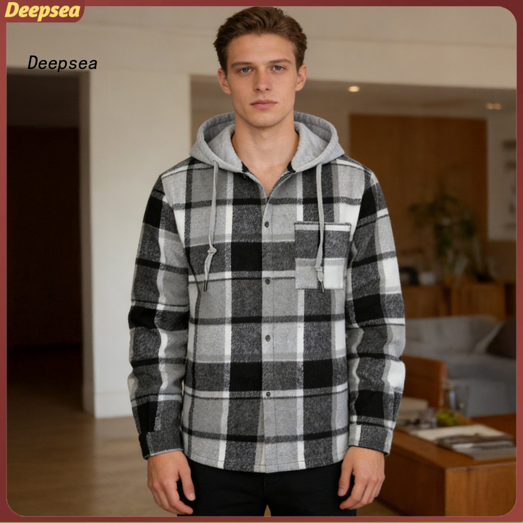 Men's Hooded Plaid Jacket Windproof Casual Long Sleeve Coat for Spring Autumn Street Style Daily Wear