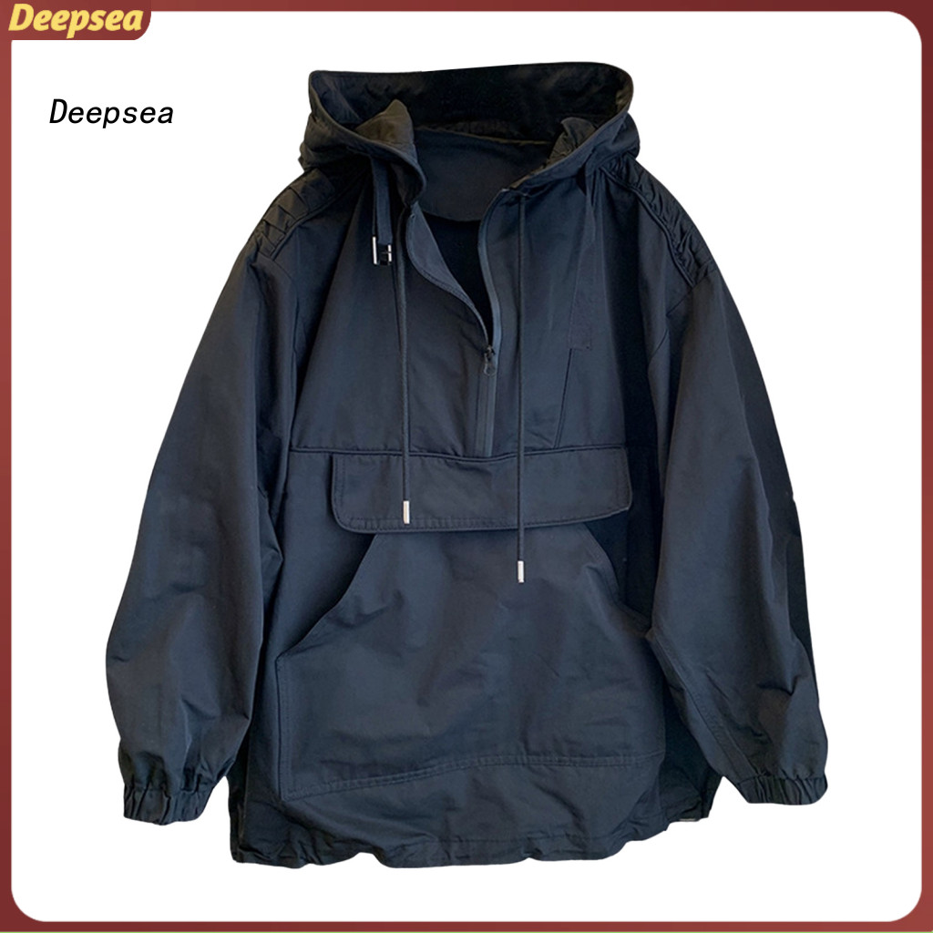 Men's Hooded Trench Coat Windproof Jacket with Half-zip Kangaroo Pocket – Lightweight Spring Autumn Hoodie for Casual