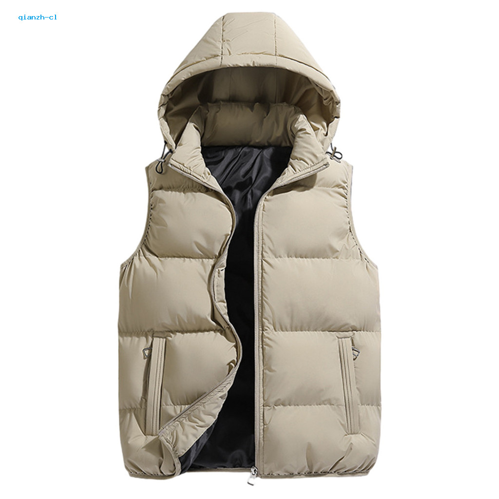 Zipper Pockets Vest Sleeveless Men's Winter Cotton Hooded Jacket with Thickened Warm Windproof Casual Waistcoat for Outd