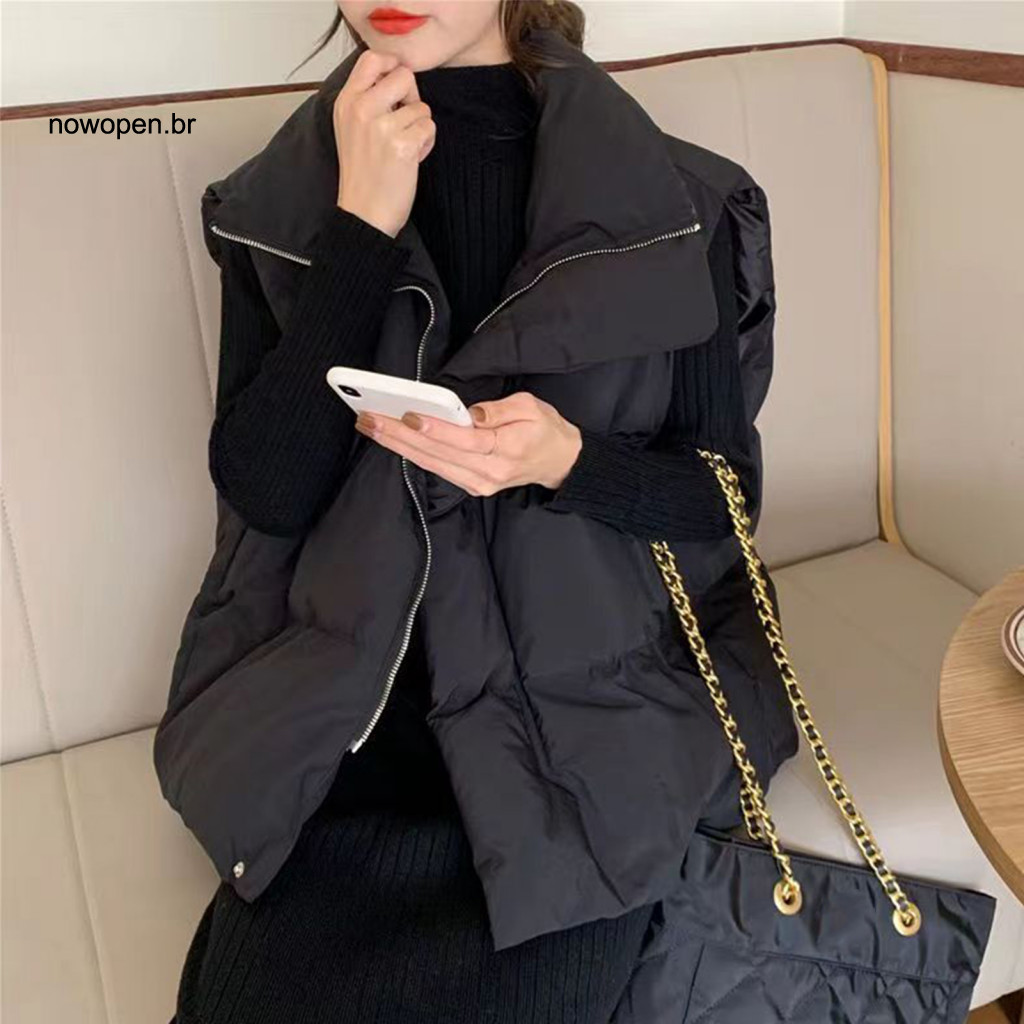 Women Vest Casual Women’s Winter Cotton Coat Thickened Padded Windproof Zip-up Waistcoat with Turn-down Collar Loose F