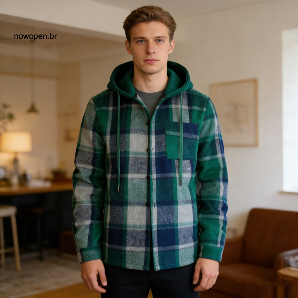 Hooded Coat Plaid Pattern Men's Jacket Windproof Casual Long Sleeve for Spring Autumn Street Style Daily Wear