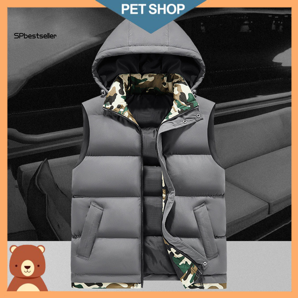 Sleeveless Men Vest with Camouflage Liner Men's Hooded Jacket Warm Windproof Autumn Winter Stand Collar Zipper Casual fo