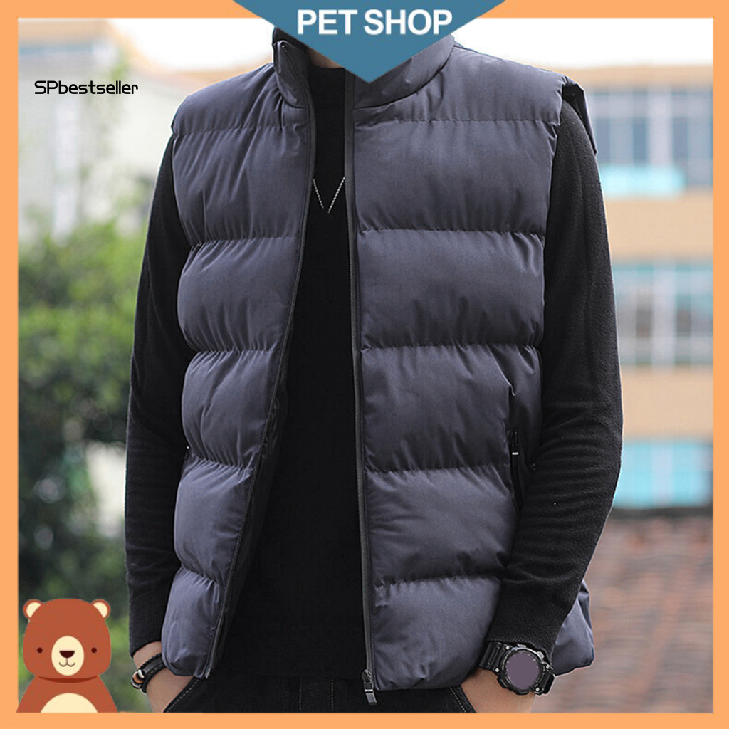 Men Casual Vest with Pockets Solid Color Men's Warm Sleeveless Waistcoat Stand Collar Zippered Thickened Windproof Coat