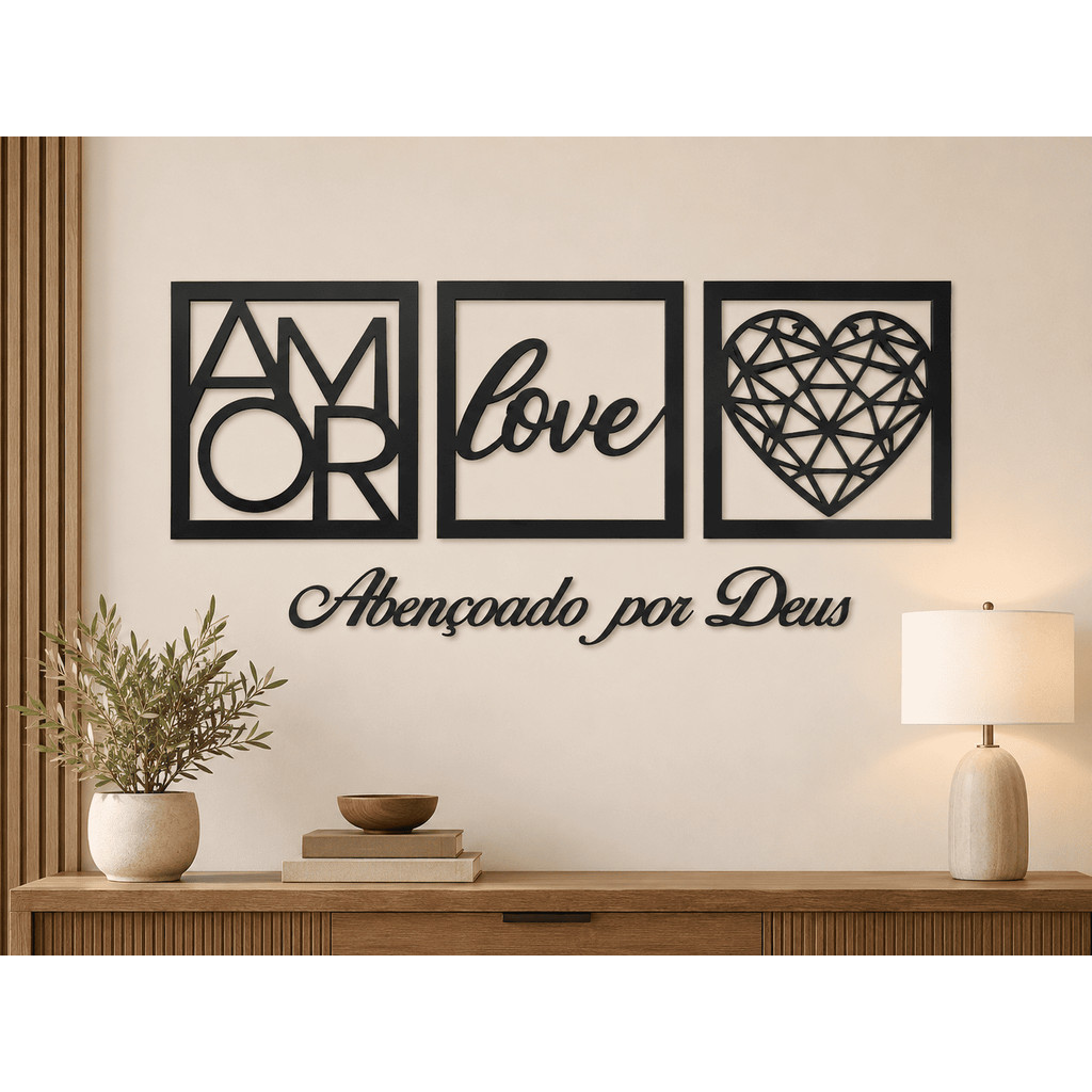 Quadro Decorativo Mãe Love Coração Com Frase Abençoado Por Deus MDF Preto 3mm Para Quarto Sala Parede