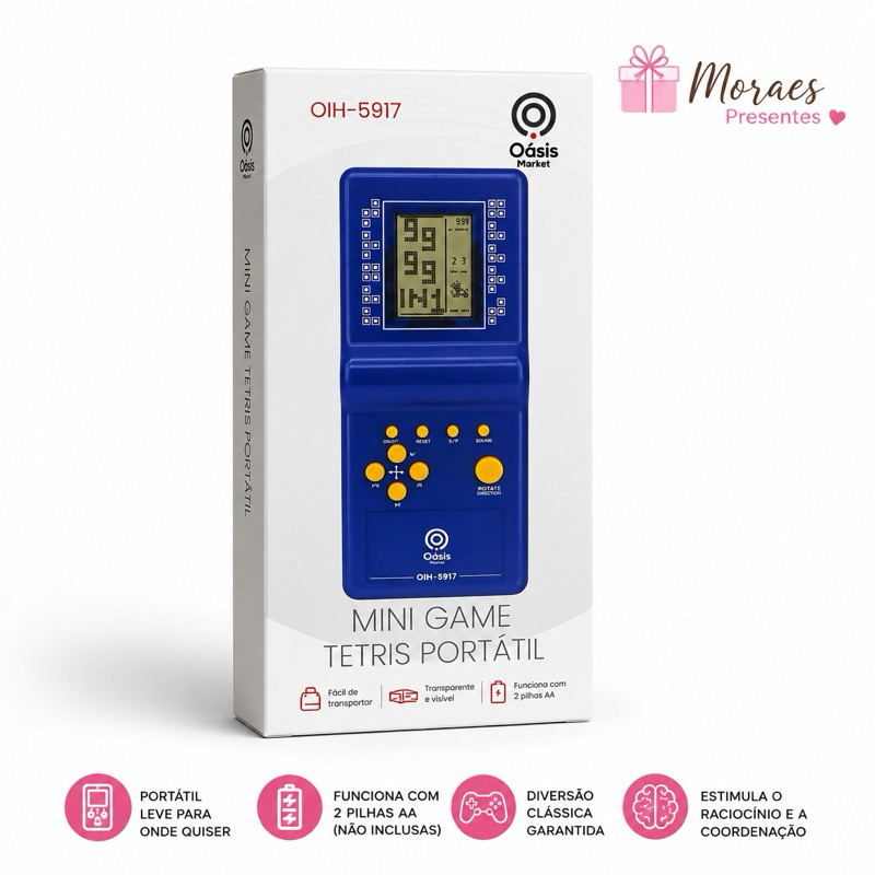 Mini Game Tetris Portátil LCD OIH-5917, compacto, divertido, funciona com 2 pilhas AA. Ideal para presentear.