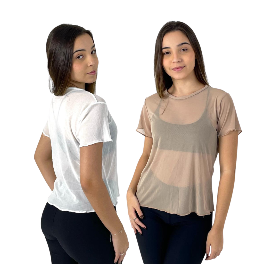 KIT 2 Blusa Feminina Tule Transparente Soltinha Academia Manga Curta Camisa Fitness