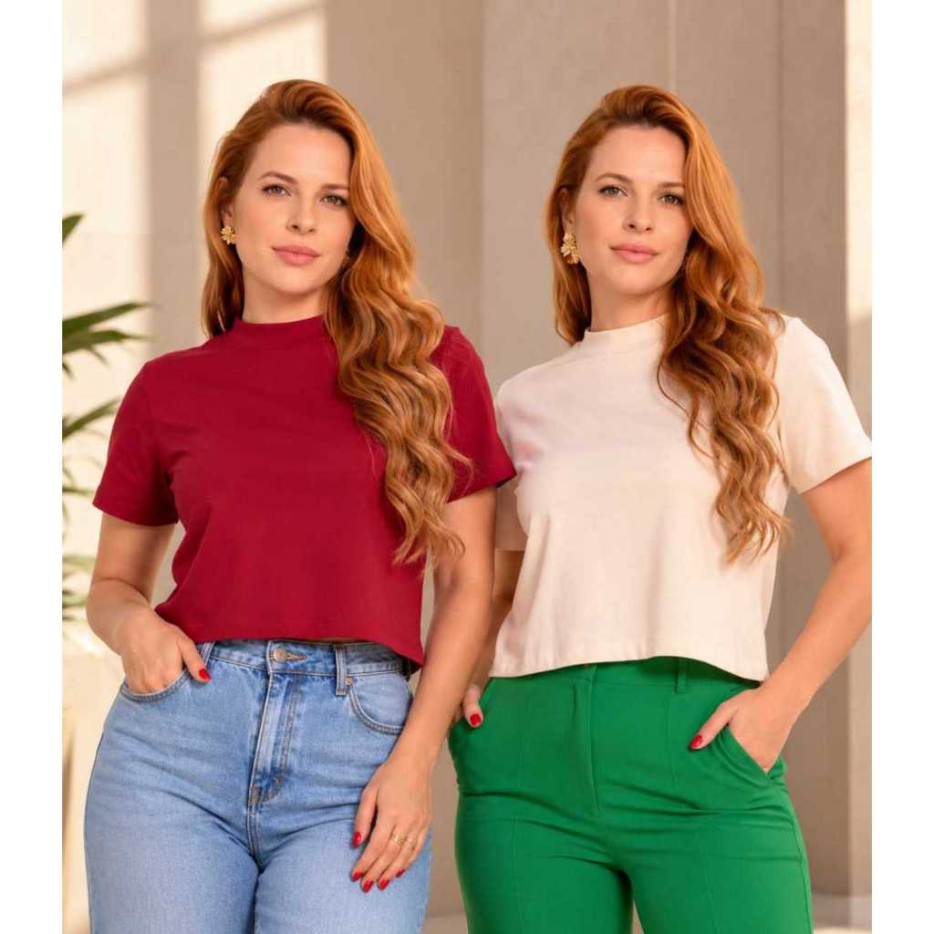 2 Cropped Feminino Blusinha Larguinha Básica Lisa de Algodão Manga Curta Soltinha Academia Casual Dia a Dia