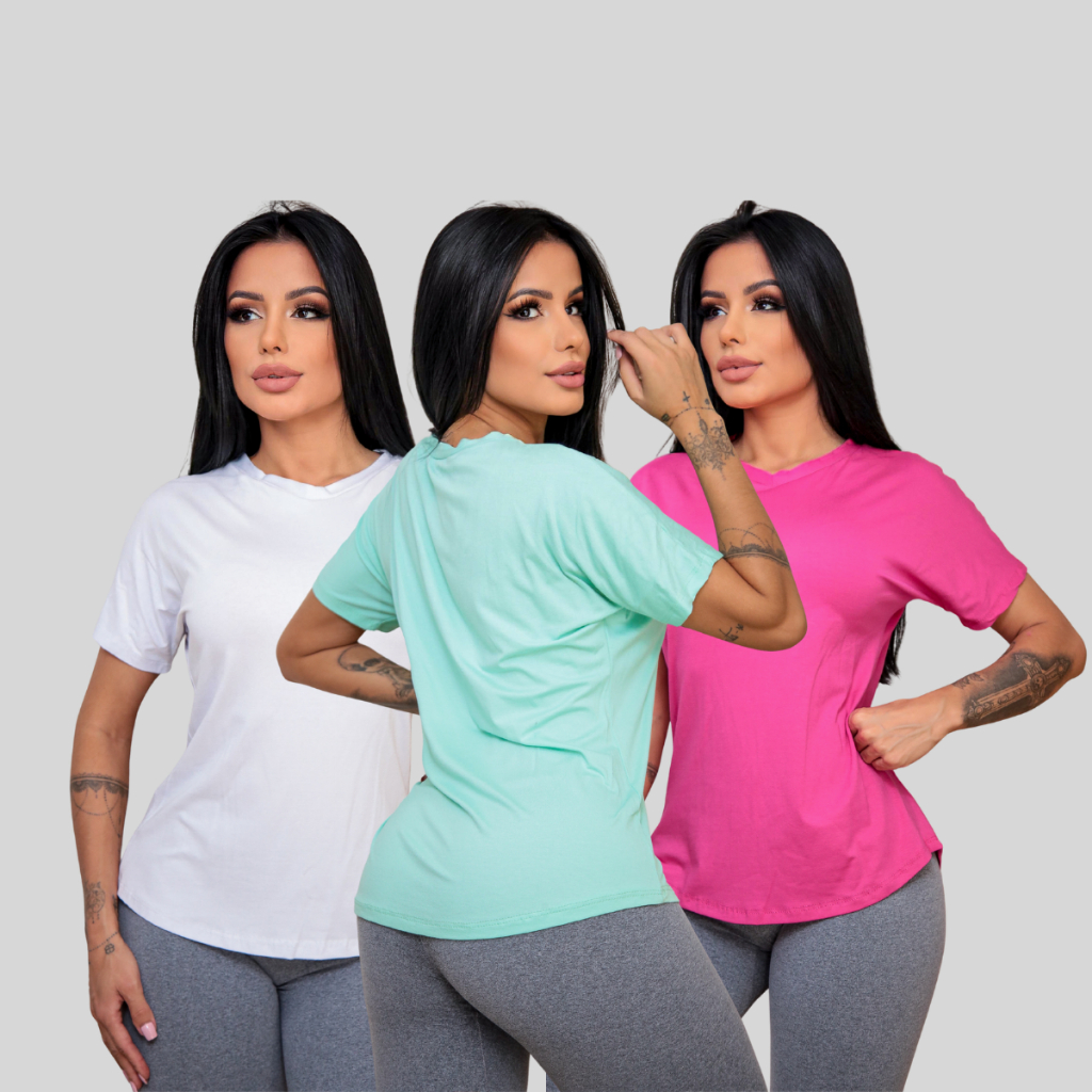 Kit 3 camiseta feminina básica leve confortável soltinha academia