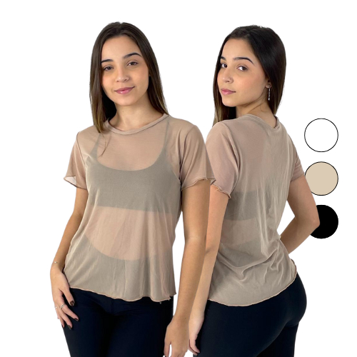 Blusa Feminina Tule Camiseta Transparente Soltinha Academia Moda Fitness Manga Curta Tule Premium