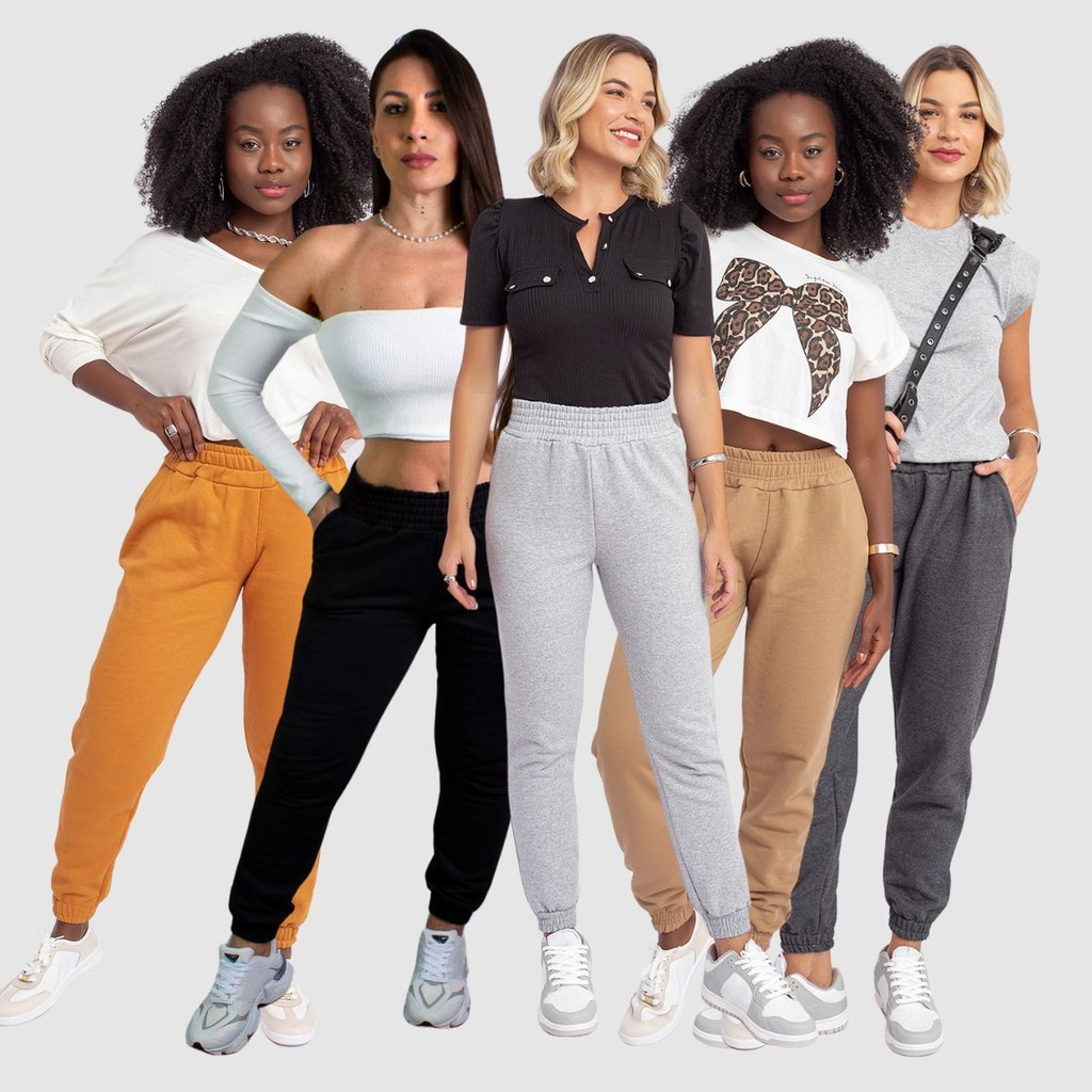Kit 5 Calça Feminina Jogger Academia Soltinha Moletom Flaneada Cós Alto Promoção