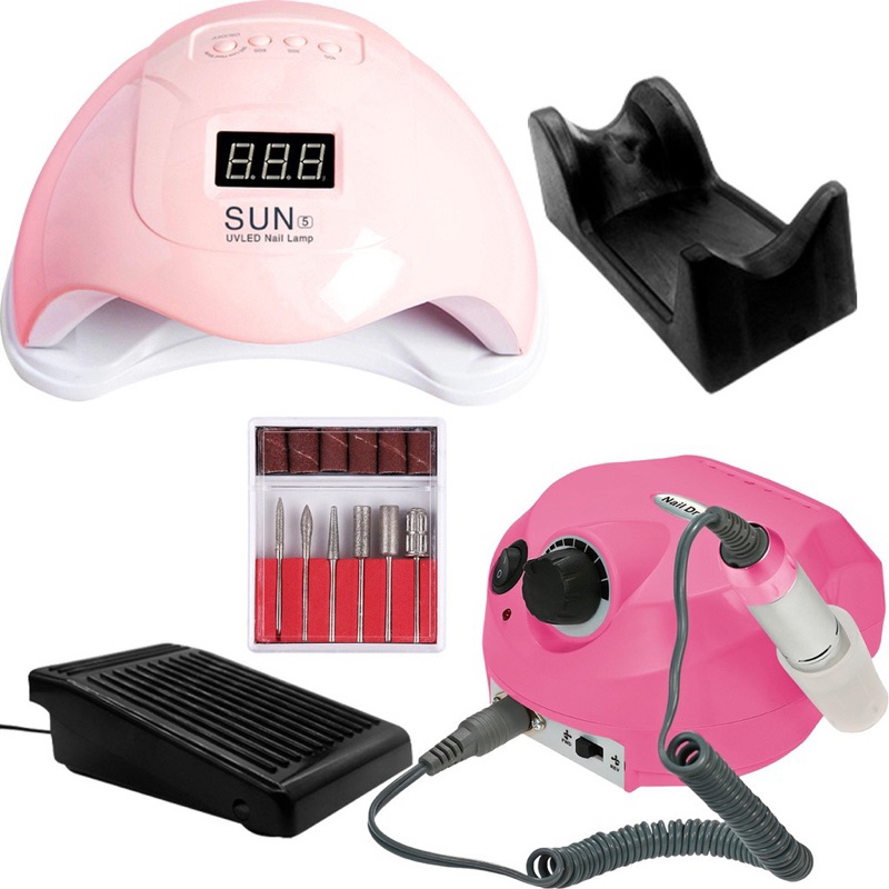 Kit Cabine Sun 5 Led Uv 48w Unhas Gel Acrigel Porcelana Lixadeira Porquinho Lixa Motor Unha Elétrica Profissional Bivolt