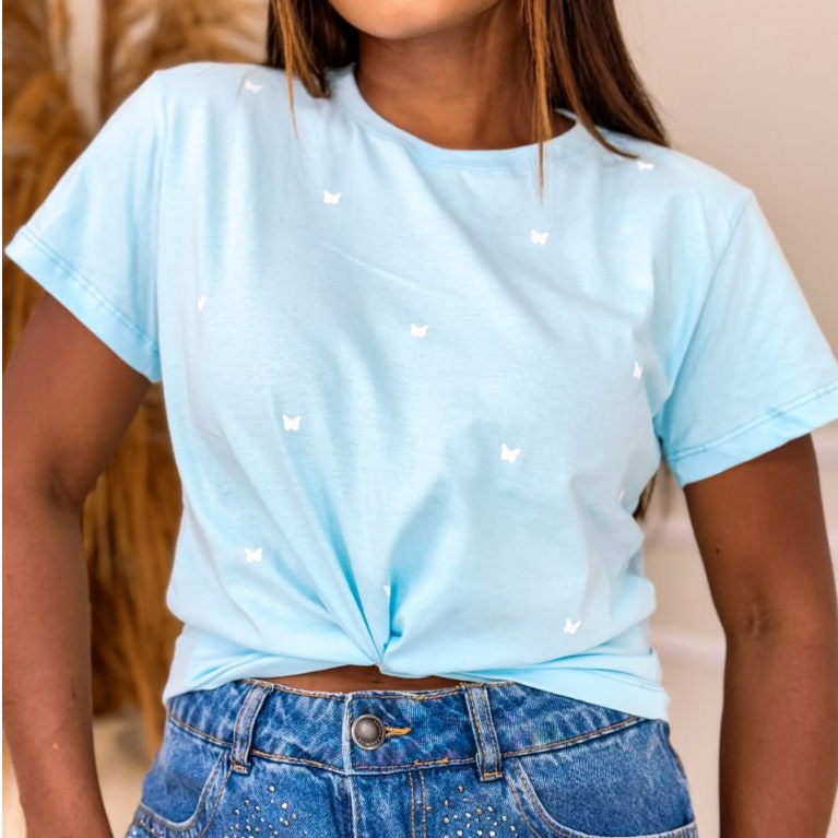 T-shirt blusa Feminina de algodão com Estampa de Mini Borboletas