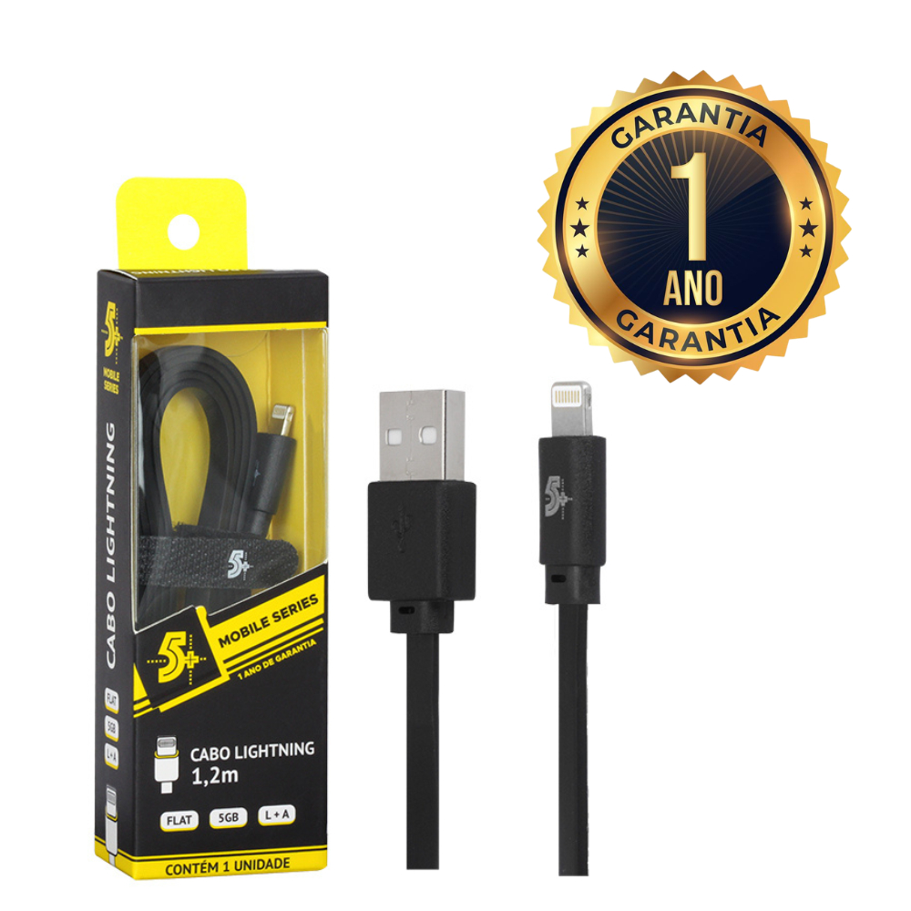 Cabo Lightning USB-A Macho Flat 1,20m Para iPhone iPad Preto Mobile Carregamento e Dados