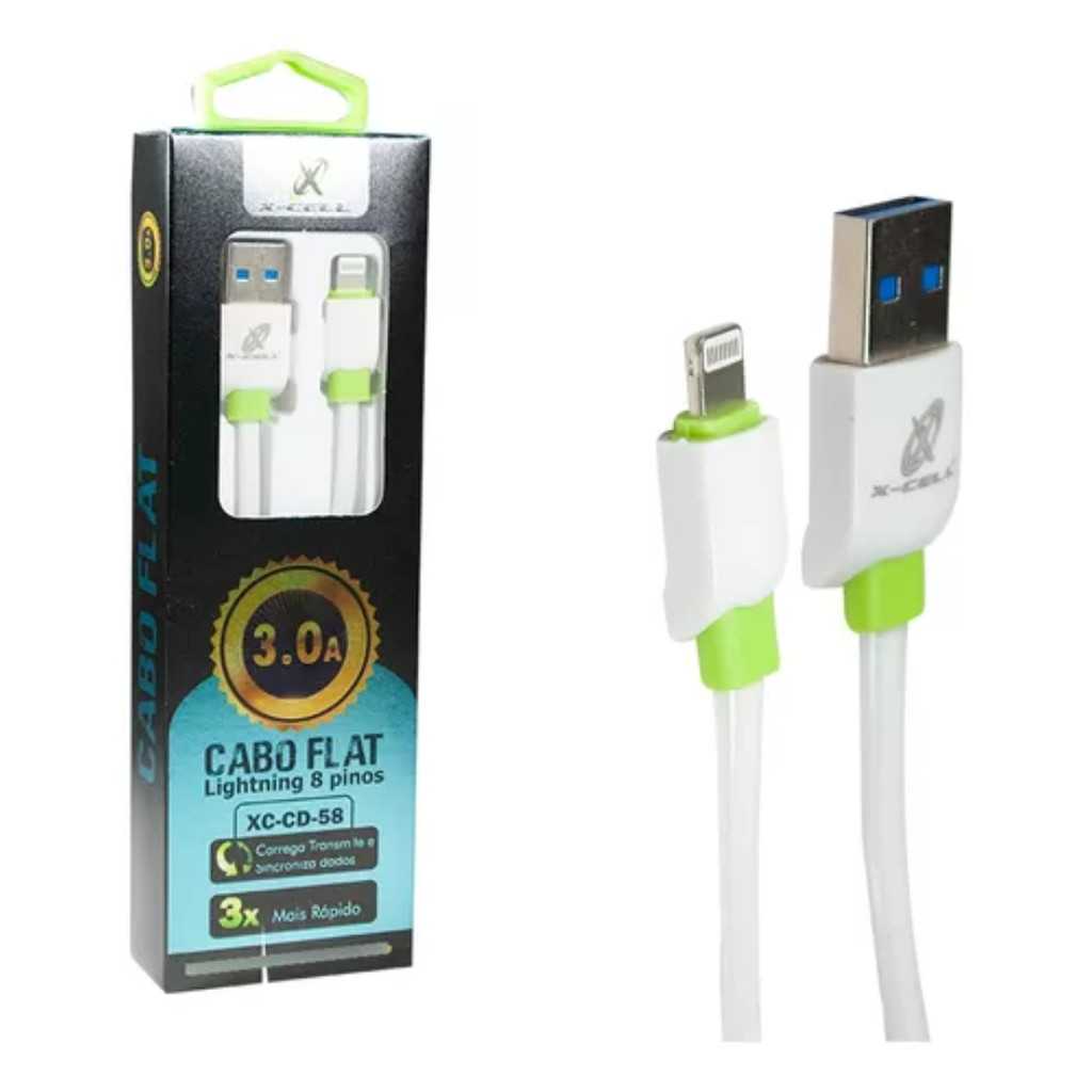 CABO DE DADOS LIGHTNING IPHONE 3.0A FLAT 3M X-CELL XC-CD-82