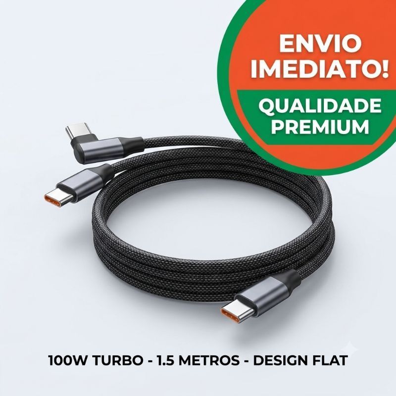 Cabo Tipo C Para Tipo C 100W Turbo 90 Graus L 1.5m Flat Trançado preto Gamer iPhone Android