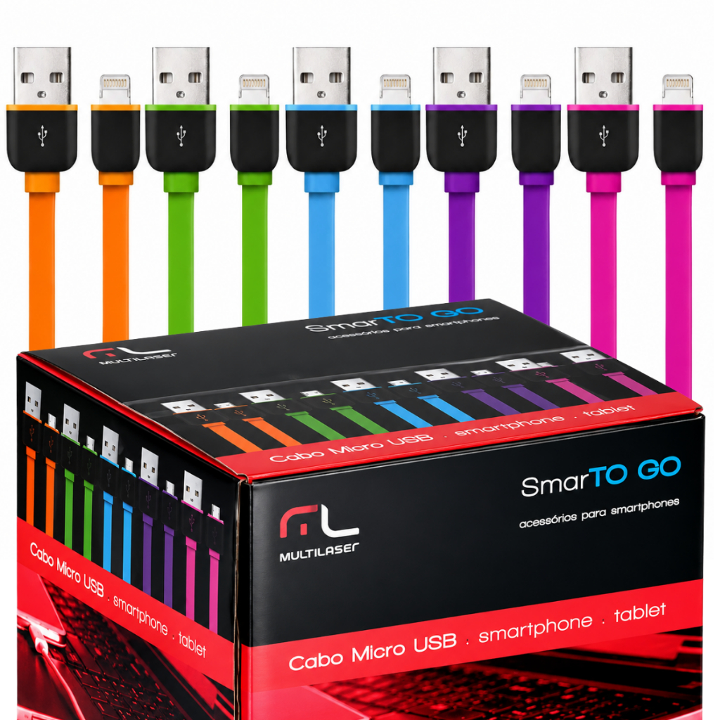 Cabo de Dados e Carregamento para Iphone Lighting Ipad 8 Pinos 1 Metro Flat Não Embaraça Cores