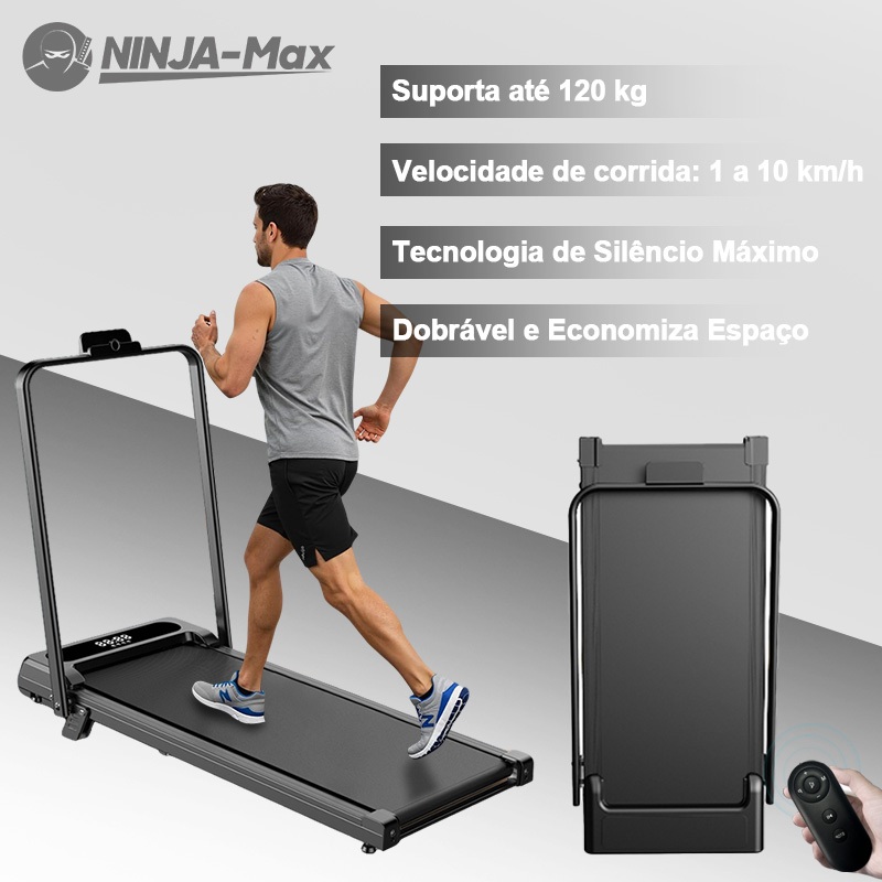 Smart folding treadmill with cushioning, remote speed adjustment (1-8 km/h) and 100 kg weight capacity.