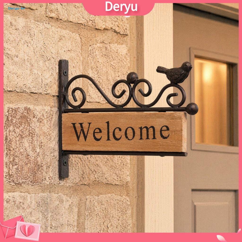 Solid Wood Outdoor Sign Mini Bird Welcome Rustic Wooden Wall Mount Porch Decor with Iron Frame Weather-resistant Plaque