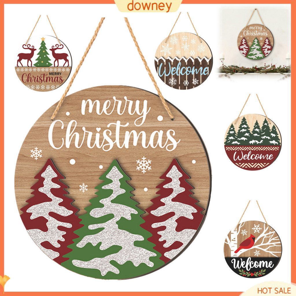 Rustic Wooden Christmas Welcome Sign with Rope – Farmhouse Deer Tree Door Hanger Holiday Front Porch Decor Festive Wal