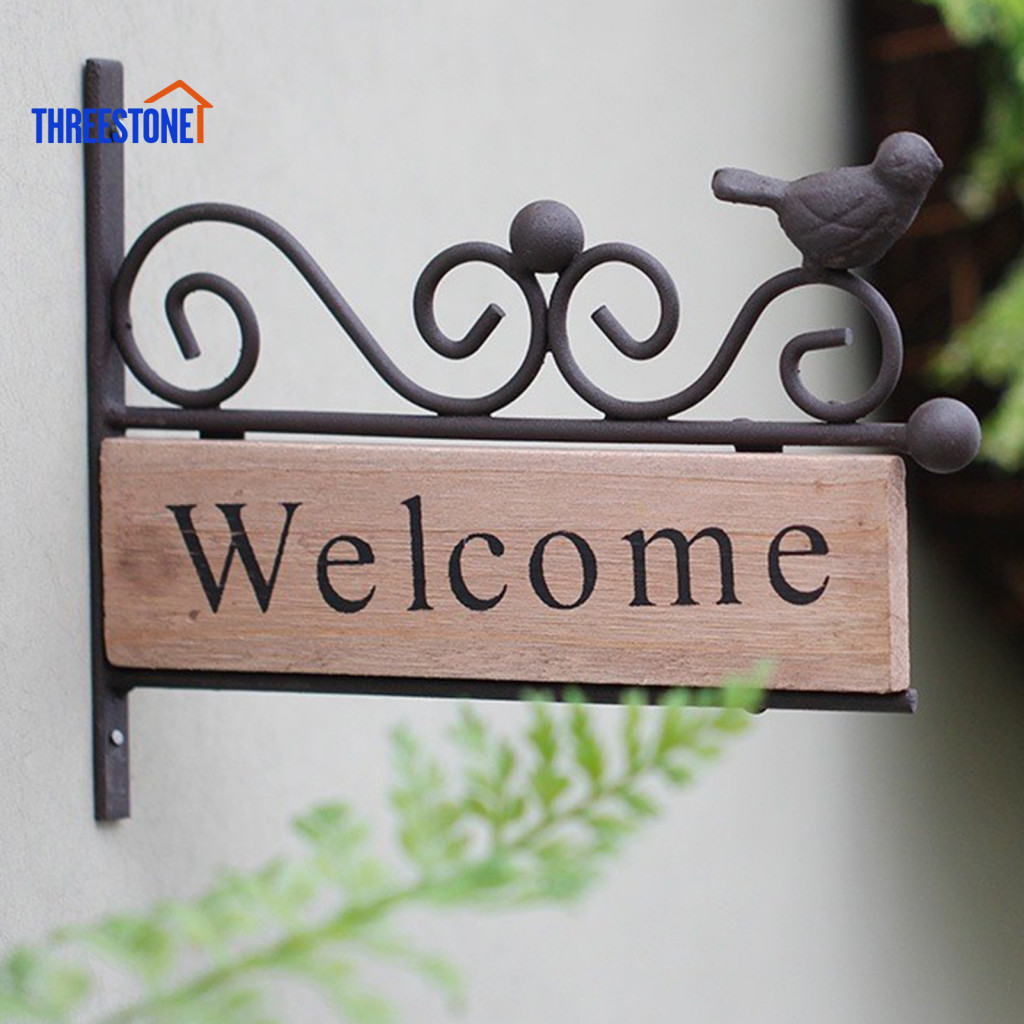 Mini Bird Porch Decor Welcome Sign Rustic Wooden Wall Mount with Iron Frame Weather-resistant Outdoor Courtyard Gate Fen