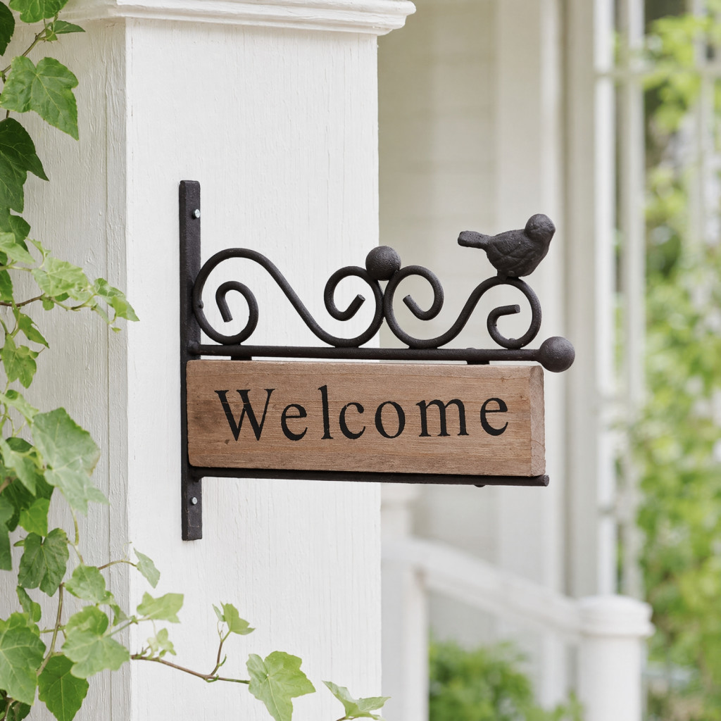 Mini Bird Welcome Sign Rustic Wooden Wall Mount with Iron Frame Weather-resistant Outdoor Porch Courtyard Gate Fence Dec