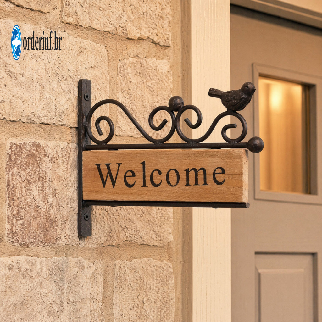 Outdoor Bird Carving Sign Mini Porch Decor Welcome Rustic Wooden Wall Mount with Iron Frame Weather-resistant for Gates