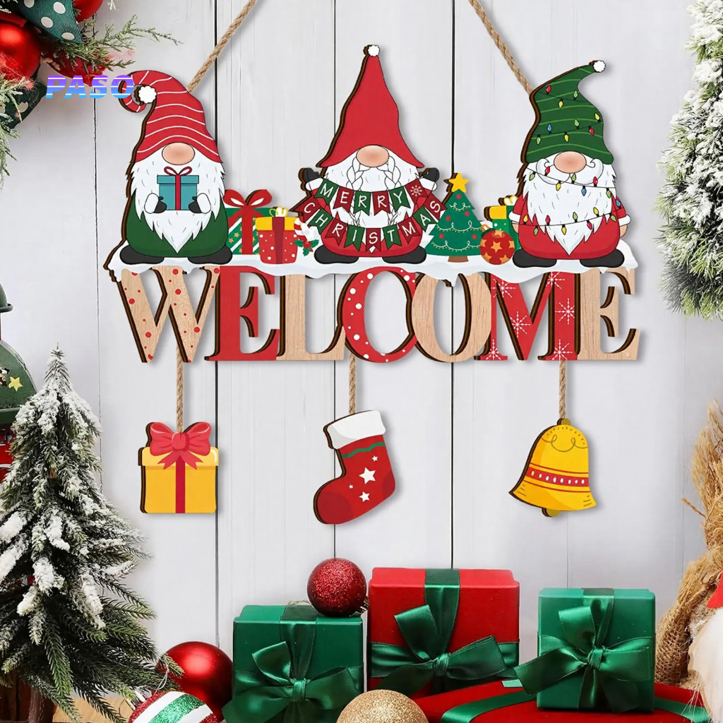 Christmas Wooden Door Sign Front Porch Hanging Plaque Gnome Welcome Cute Elf Decor with Gift Bell Charms Rustic Farmhous