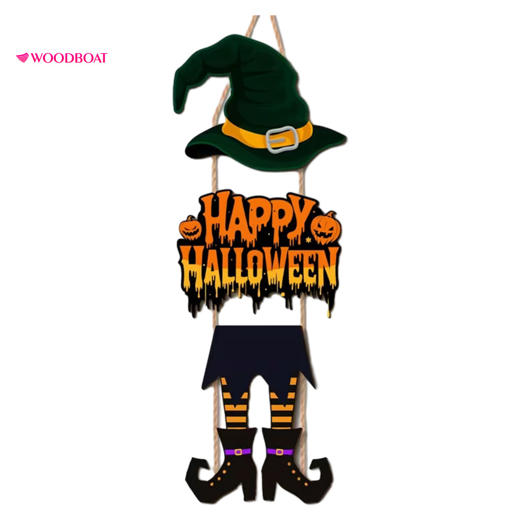 Halloween Wall Sign Uv Printed Happy Wooden Welcome Witch Legs Hat Porch Hanger Rustic Front Door Decor for Indoor Outdo