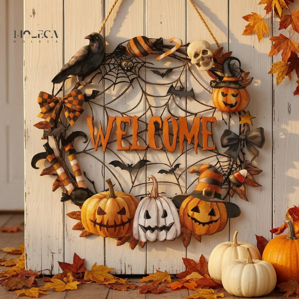Decorative Door Hanging Props Rustic Halloween Hanger Porch Sign Cute Ghost Scarecrow Wall Plaque Farmhouse for Front fo