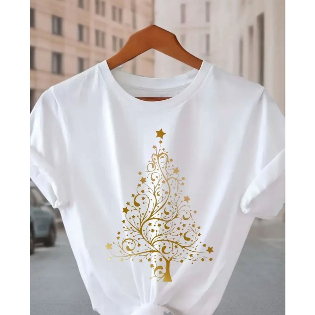 Camiseta Feminina Natal Árvore Dourada 100% Algodão Estampada Estilosa