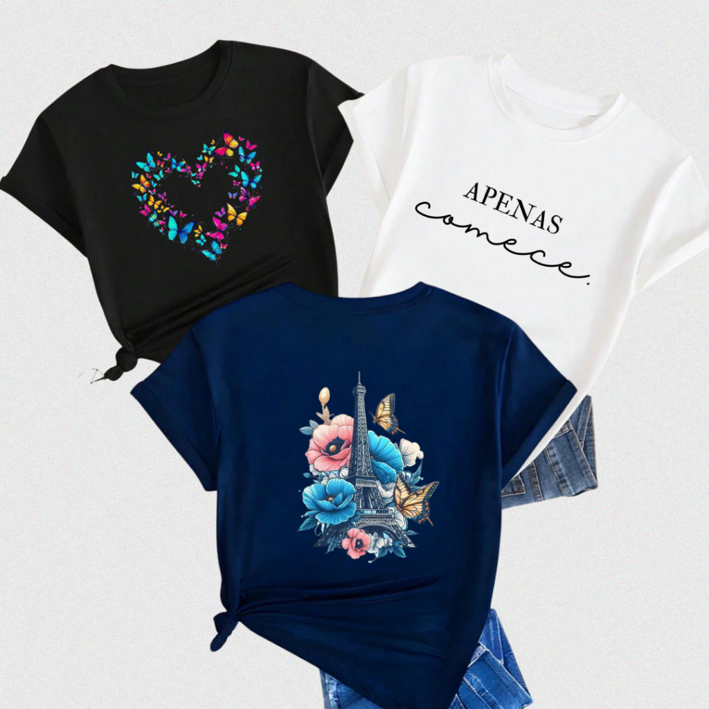 Kit 3 Blusas Femininas Estampadas Verão Camisetas 100% Algodão Casual Lançamento