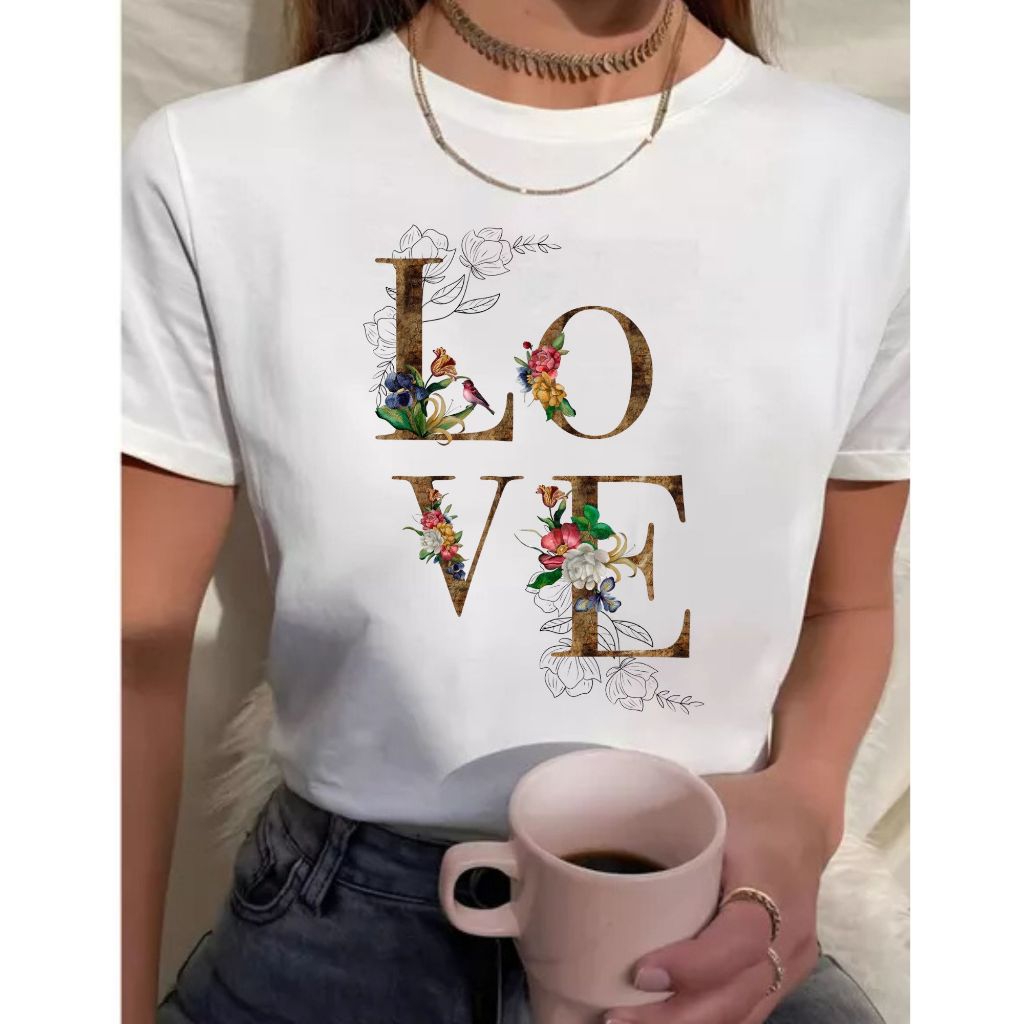 Camiseta Blusa Feminina Floral LOVE Estampada Algodão + Brinde