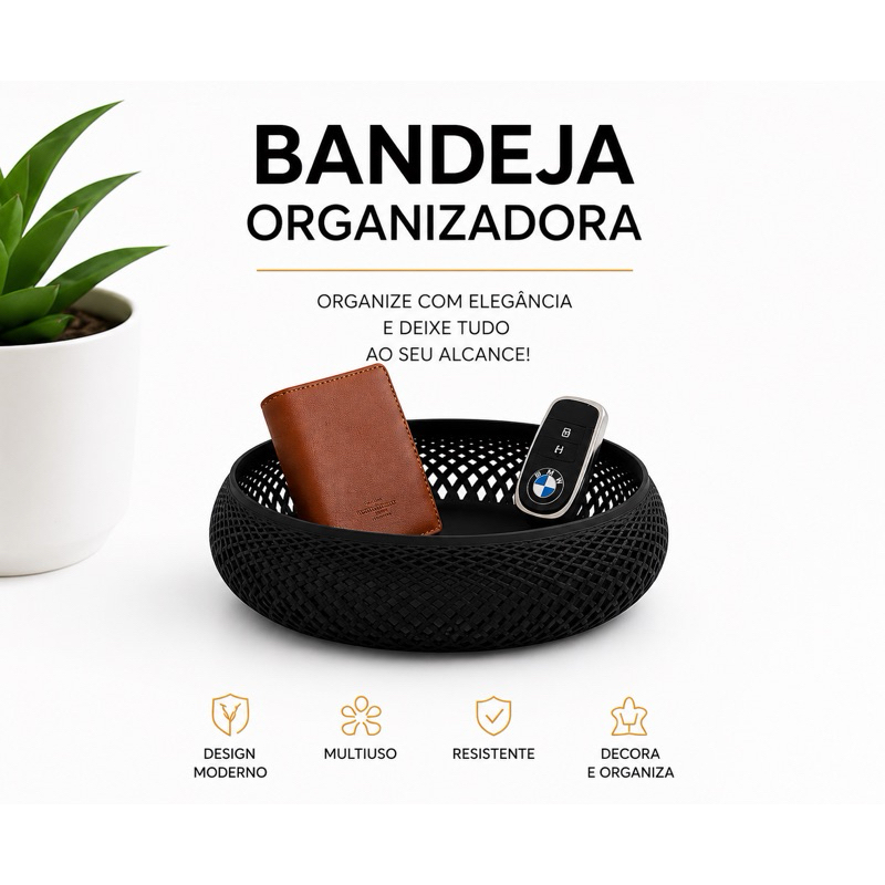 Bandeja Organizadora Decorativa Porta Objetos Porta Chaves Carteira Celular Mesa Sala Quarto Banheiro 17cm Multiuso